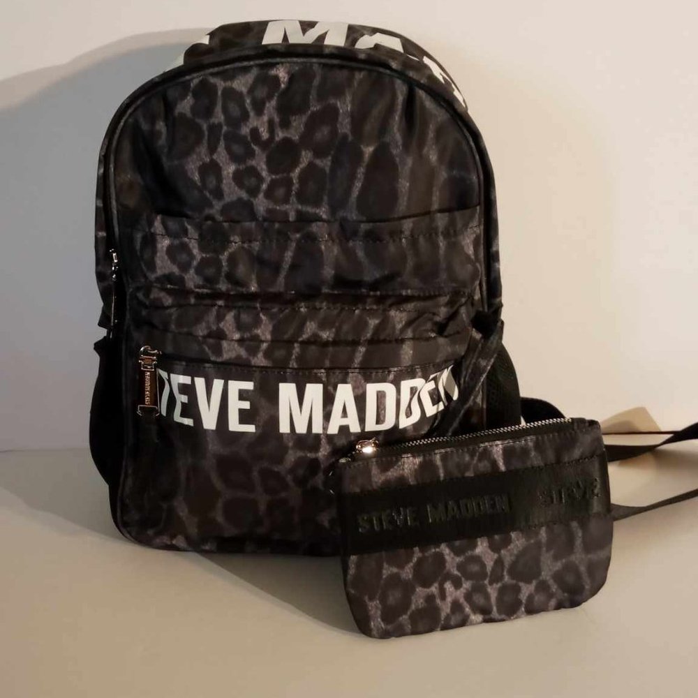 New Steve Madden Leopard Black Grey Backpack with Pouch